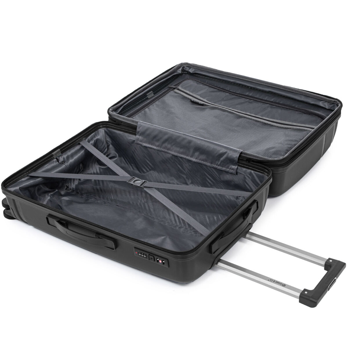 Set 3 trolere Quasar & Co.®, S/M/L, cabina/cala, valize cu fermoar antifurt, bagaje cu cifru, maner telescopic, geamantane cu 4 roti duble silentioase 360°, Mediu-Mare-extensibile, PP, cate 2 compartimente cu buzunar, AERO, negru 9