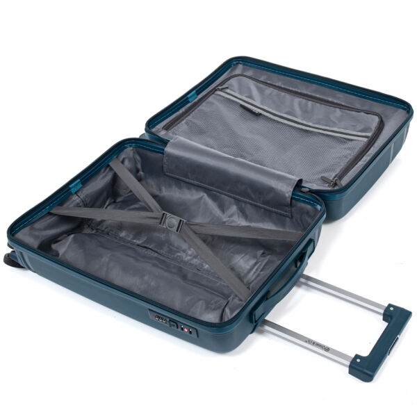 Troler cabina avion Quasar & Co.®, 56x37x23cm, bagaj de mana, troller cu cifru, maner telescopic lung, geamantan cu 4 roti duble silentioase 360°, valiza PP, rezistent, 2 compartimente cu buzunar, 10kg, AERO, albastru petrol - imagine 9