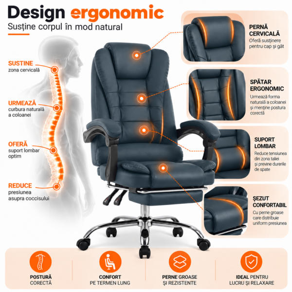 Scaun birou ergonomic directorial, Quasar & Co.®, model Beta, piele ecologica, spatar reglabil, suport picioare retractabil, inaltime reglabila, baza cromata, gri petrol Scaun birou ergonomic directorial, Quasar & Co.®, model Beta, piele ecologica, spatar reglabil, suport picioare retractabil, inaltime reglabila, baza cromata, gri petrol