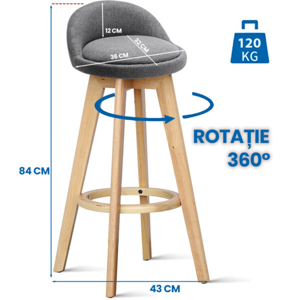 Scaun bar, Quasar & Co.®, rotativ, sistem rotire 360°, inalt, tapitat, pretabil bucatarie, metal cu aspect de lemn/textil/burete, ECHO, gri - imagine 2