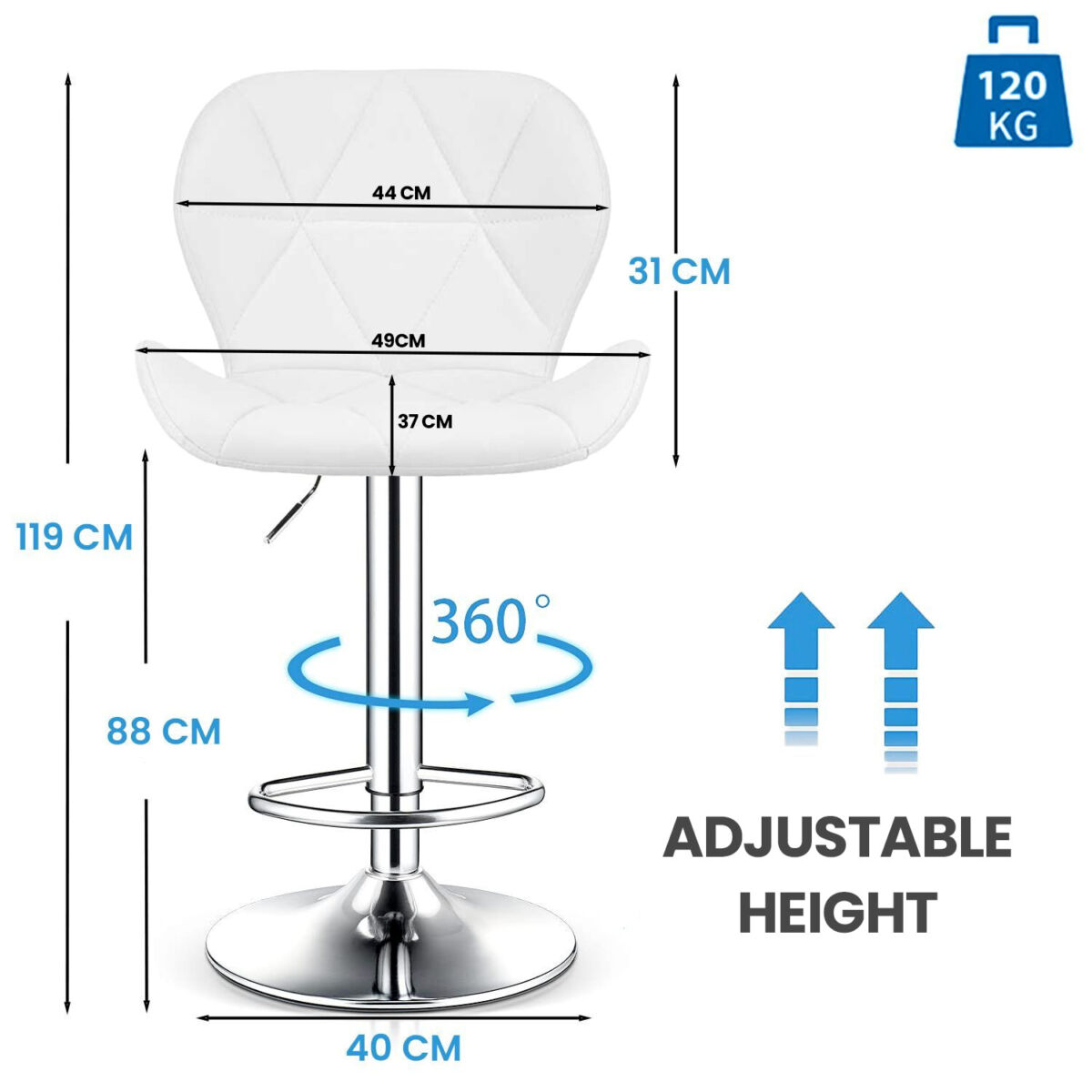 Set 2 scaune bar Quasar & Co.®, inalt, inaltime reglabila, rotativ, sistem rotire 360°, picior antiderapant, baza cromata, suport fix metalic pentru picioare, sezut tip scoica, scaune pretabile bucatarie, piele ecologica, NOMA, alb 5