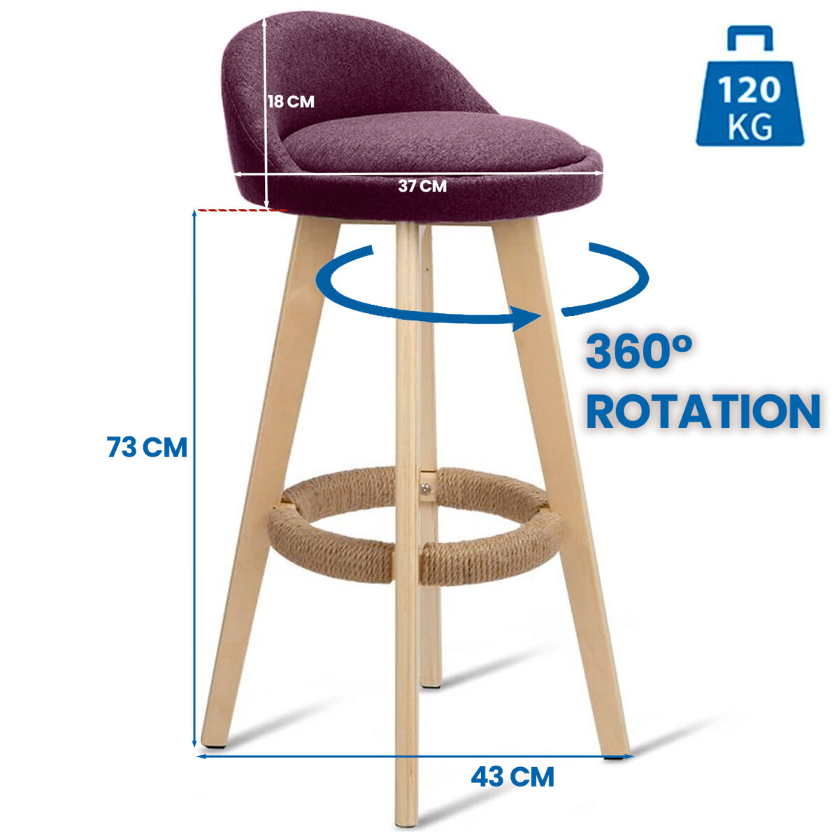 Scaun de bar Quasar & Co.®, rotativ, sistem rotire 360°, inalt, tapitat, scaune pretabile bucatarie, 37x37x80 cm, lemn/textil/burete, LOFT, visiniu 6