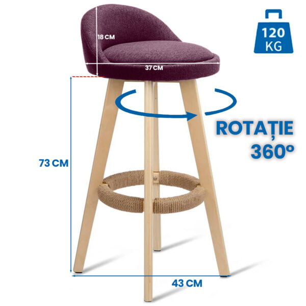 Scaun de bar Quasar & Co.®, rotativ, sistem rotire 360°, inalt, tapitat, scaune pretabile bucatarie, 37x37x80 cm, lemn/textil/burete, LOFT, visiniu - imagine 7
