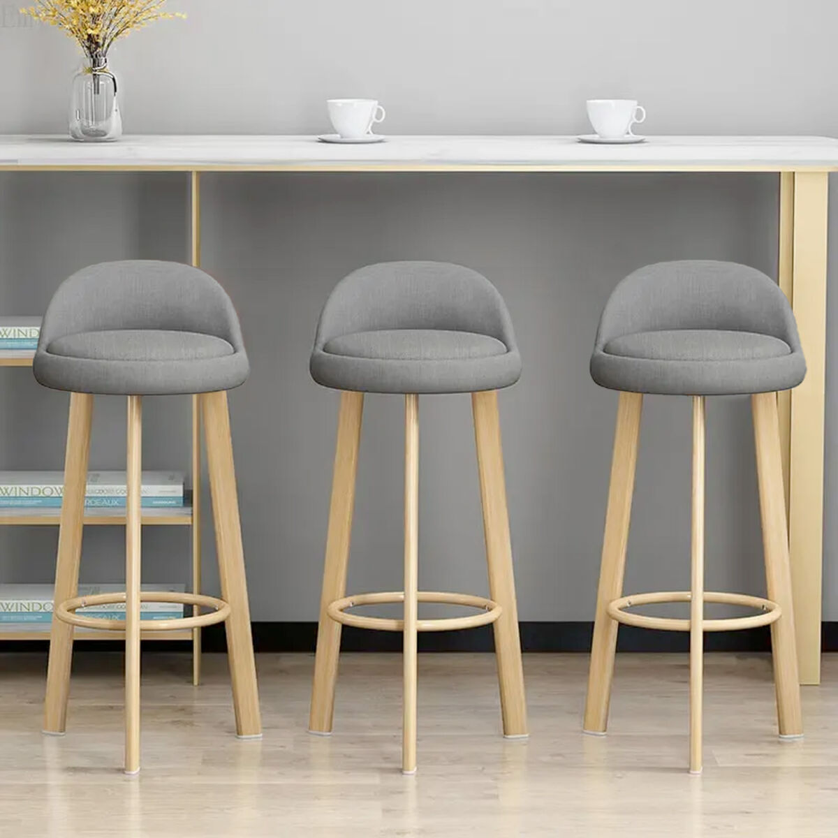 Scaun bar, Quasar & Co.®, rotativ, sistem rotire 360°, inalt, tapitat, pretabil bucatarie, metal cu aspect de lemn/textil/burete, ECHO, gri 7