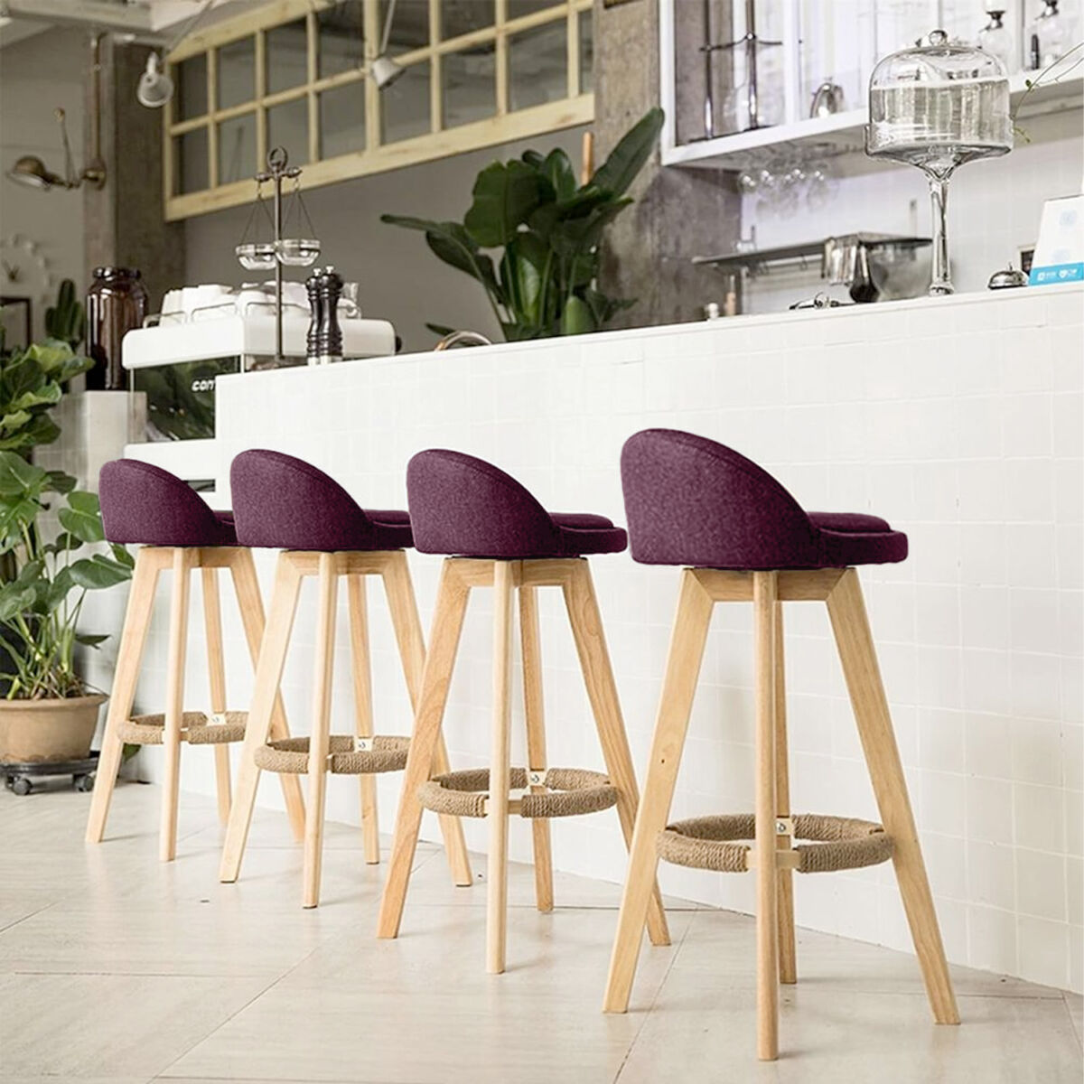 Scaun de bar Quasar & Co.®, rotativ, sistem rotire 360°, inalt, tapitat, scaune pretabile bucatarie, 37x37x80 cm, lemn/textil/burete, LOFT, visiniu 3