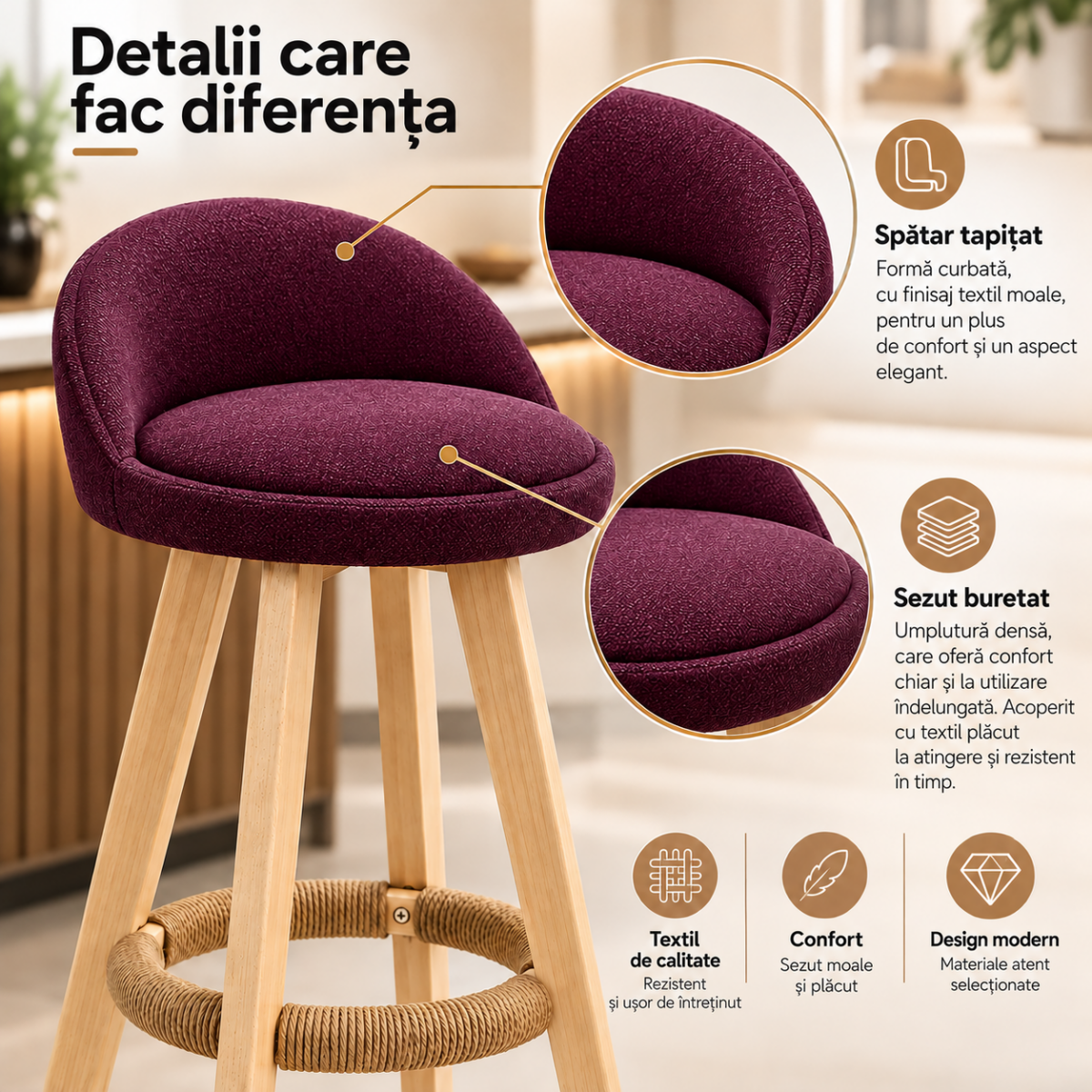 Scaun inalt bar, Quasar & Co.®, scaune bar cu sistem rotire 360°, rotative, tapitate, pretabile bucatarie, lemn / textil, LOFT, visiniu 2 Scaun inalt bar, Quasar & Co.®, scaune bar cu sistem rotire 360°, rotative, tapitate, pretabile bucatarie, lemn / textil, LOFT, visiniu 2