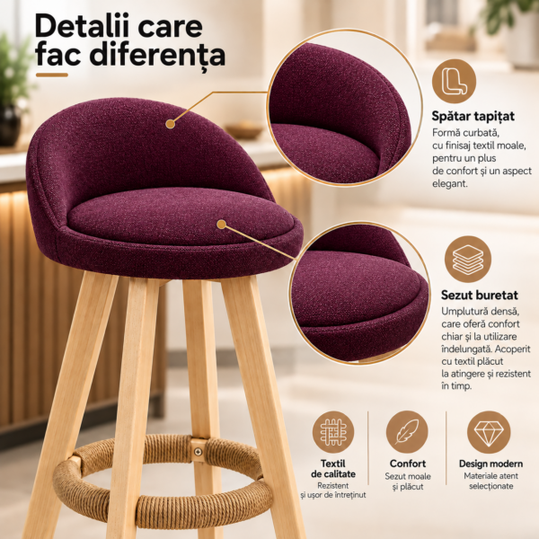 Scaun inalt bar, Quasar & Co.®, scaune bar cu sistem rotire 360°, rotative, tapitate, pretabile bucatarie, lemn / textil, LOFT, visiniu