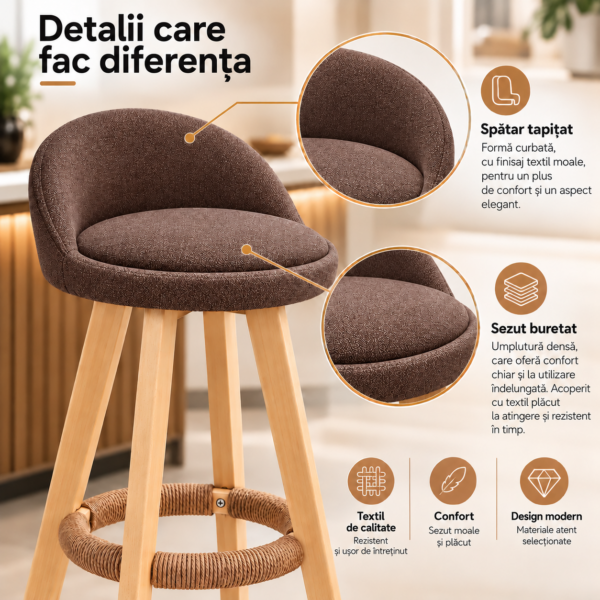 Scaun inalt bar, Quasar & Co.®, scaune bar cu sistem rotire 360°, rotative, tapitate, pretabile bucatarie, lemn / textil, LOFT, maro