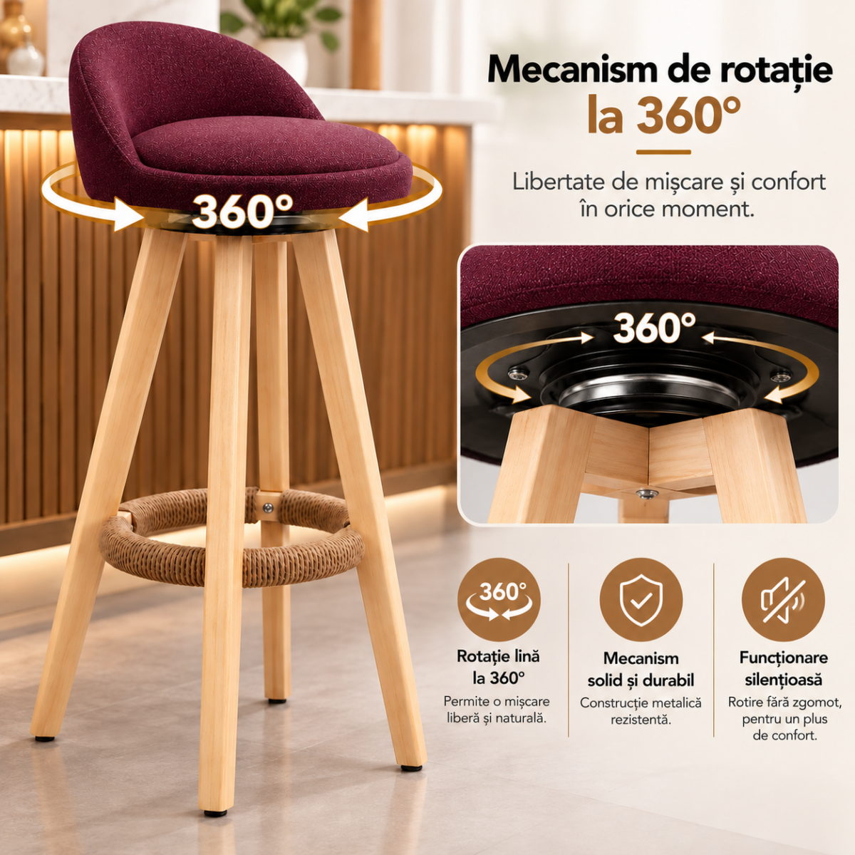 Scaun inalt bar, Quasar & Co.®, scaune bar cu sistem rotire 360°, rotative, tapitate, pretabile bucatarie, lemn / textil, LOFT, visiniu 5 Scaun inalt bar, Quasar & Co.®, scaune bar cu sistem rotire 360°, rotative, tapitate, pretabile bucatarie, lemn / textil, LOFT, visiniu 5