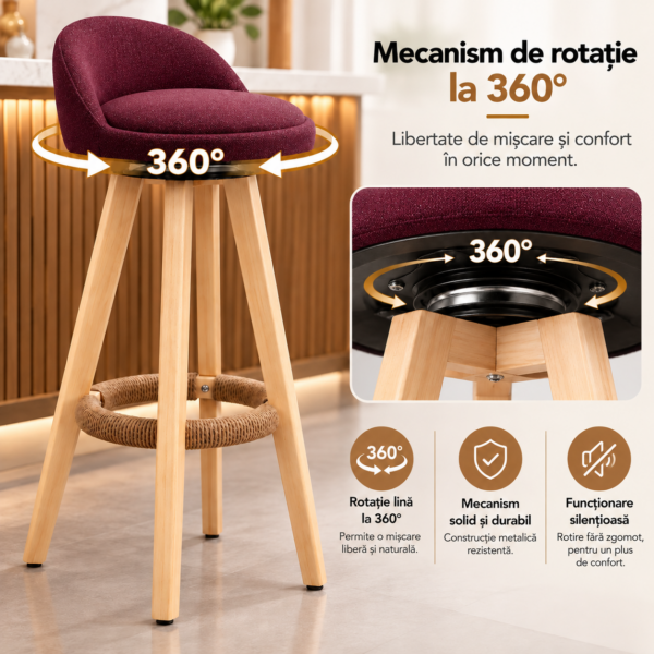 Scaun inalt bar, Quasar & Co.®, scaune bar cu sistem rotire 360°, rotative, tapitate, pretabile bucatarie, lemn / textil, LOFT, visiniu - imagine 5