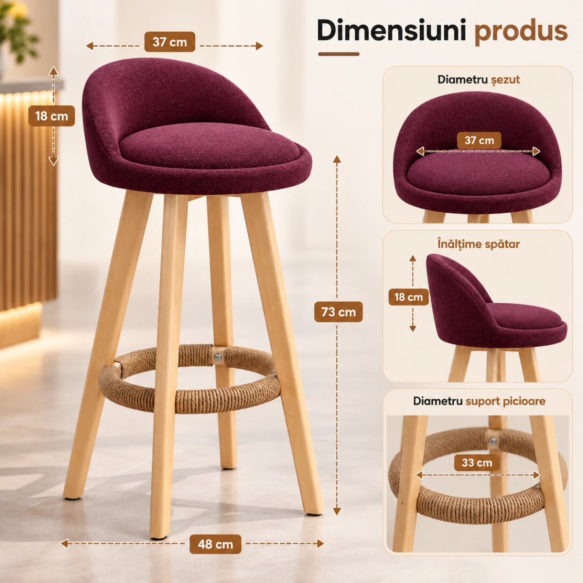 Scaun inalt bar, Quasar & Co.®, scaune bar cu sistem rotire 360°, rotative, tapitate, pretabile bucatarie, lemn / textil, LOFT, visiniu 6 Scaun inalt bar, Quasar & Co.®, scaune bar cu sistem rotire 360°, rotative, tapitate, pretabile bucatarie, lemn / textil, LOFT, visiniu 6