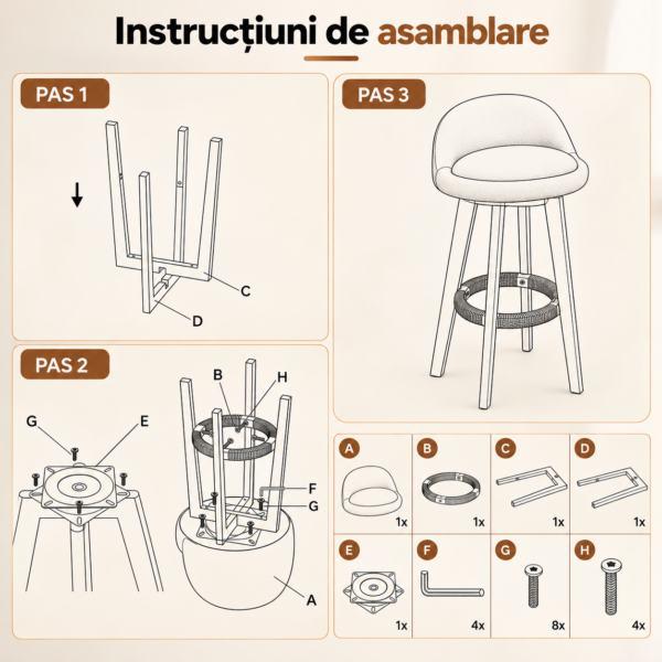 Scaun inalt bar, Quasar & Co.®, scaune bar cu sistem rotire 360°, rotative, tapitate, pretabile bucatarie, lemn / textil, LOFT, visiniu - imagine 8