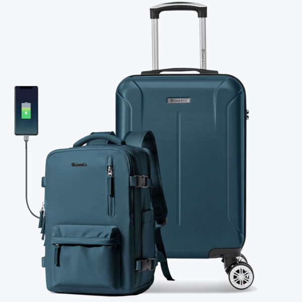 Set troler cabina si rucsac Quasar & Co.®, 55x35x20cm/43x30x20 cm, bagaj de mana, troller cu rucsac calatorie avion, Priority Pack-SMART, ABS/pes, albastru petrol