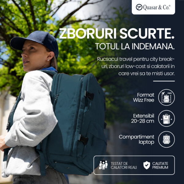 Rucsac bagaj de mana avion Quasar & Co.®, extensibil 43x30x20-28 cm, rucsac calatorie/voiaj multifunctional, impermeabil, compartiment pantofi, compartiment laptop, sistem agatare pe troler, pretabil drumetii/scoala, cu USB, textil, ATLAS, verde inchis