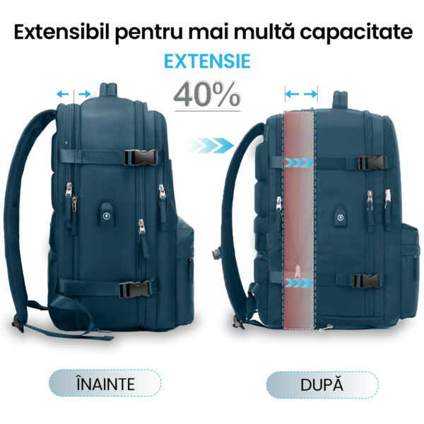 Rucsac voiaj, Quasar & Co.®, bagaj mana avion extensibil 43x30x20-28 cm + sac rufe + husa cabluri + trusa calatorie, rucsac calatorie multifunctional, impermeabil, compartiment pantofi, compartiment laptop, sistem agatare pe troler, textil, petrol/gri