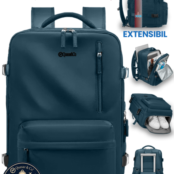 Rucsac bagaj de mana avion Quasar & Co.®, extensibil 43x30x20-28 cm, rucsac calatorie/voiaj multifunctional, impermeabil, compartiment pantofi, compartiment laptop, sistem agatare pe troler, pretabil drumetii/scoala, cu USB, textil, ATLAS, verde inchis
