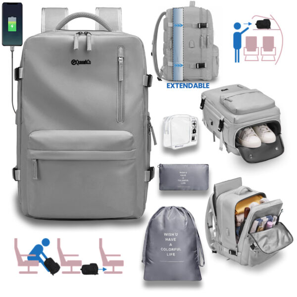 Rucsac voiaj, Quasar & Co.®, bagaj mana avion extensibil 43x30x20-28 cm + sac rufe + husa cabluri + trusa calatorie, rucsac calatorie multifunctional, impermeabil, compartiment pantofi, compartiment laptop, sistem agatare pe troler, textil, gri/gri Genti voiaj 2026-08-18 2