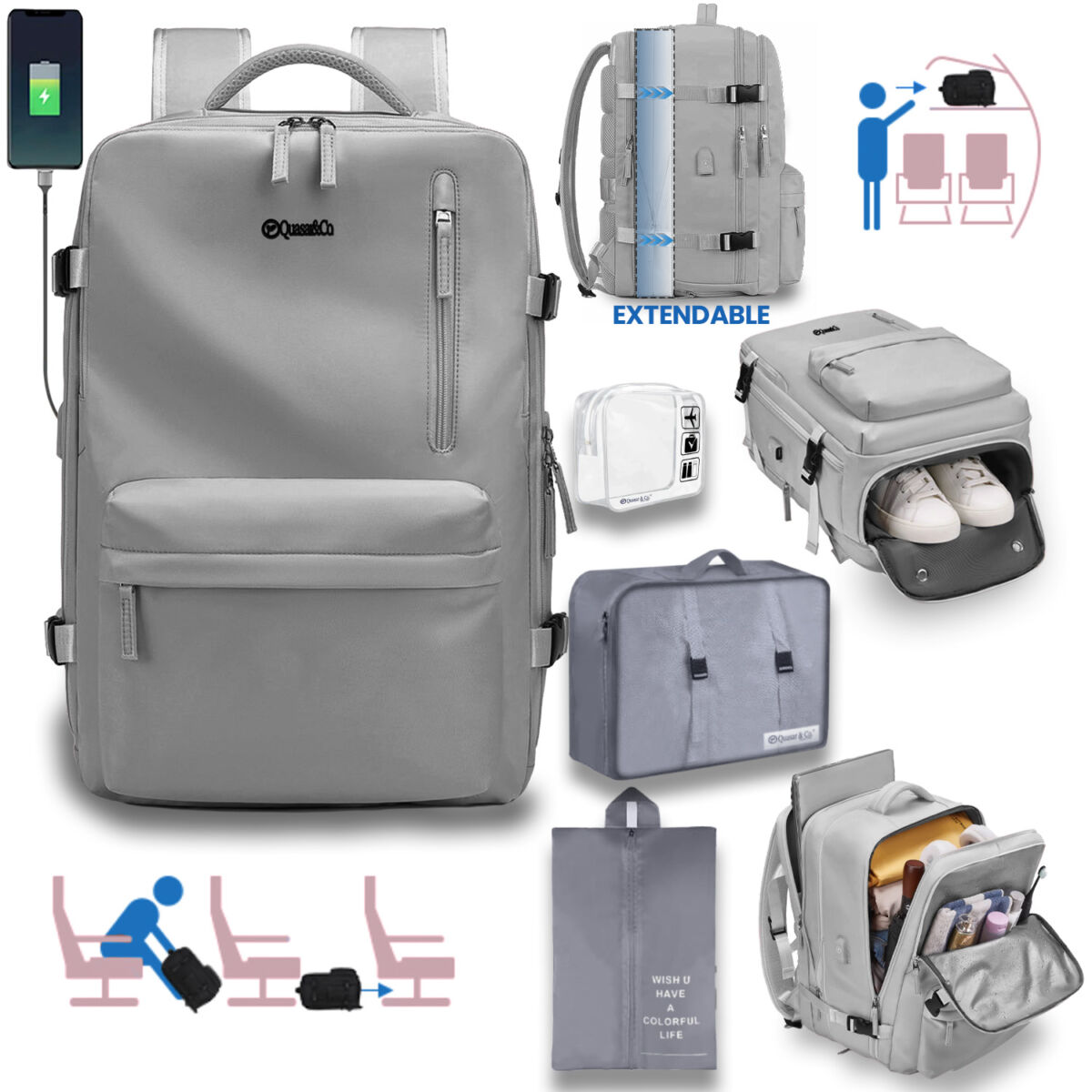 460582011 Rucsac voiaj, Quasar & Co.®, bagaj mana avion extensibil 43x30x20-28 cm + husa haine + sac rufe + trusa calatorie, rucsac calatorie multifunctional, impermeabil, compartiment pantofi, compartiment laptop, sistem agatare pe troler, textil, gri/gri