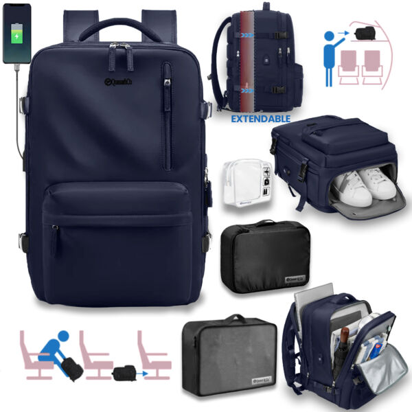 Rucsac voiaj, Quasar & Co.®, bagaj mana avion extensibil 43x30x20-28 cm + 2 x husa haine + trusa calatorie, rucsac calatorie multifunctional, impermeabil, compartiment pantofi, compartiment laptop, sistem agatare pe troler, textil, bleumarin/negru Genti voiaj 2026-08-18 2