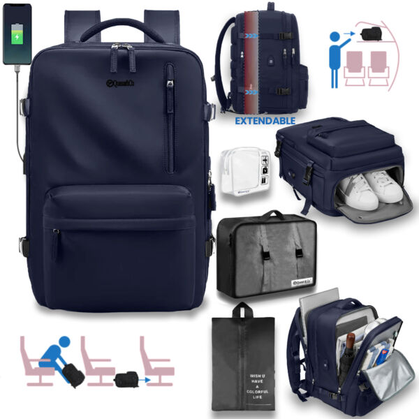 Rucsac voiaj, Quasar & Co.®, bagaj mana avion extensibil 43x30x20-28 cm + husa haine + sac rufe + trusa calatorie, rucsac calatorie multifunctional, impermeabil, compartiment pantofi, compartiment laptop, sistem agatare pe troler, textil, bleumarin/negru Genti voiaj 2026-08-18 2