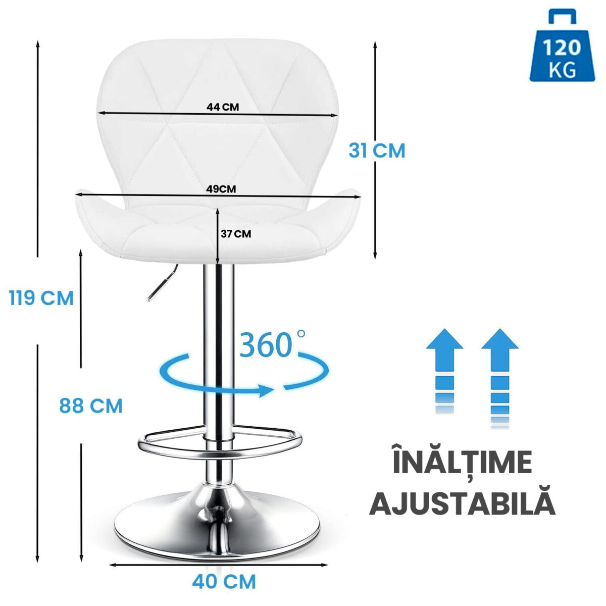 Scaun bar, Quasar & Co.®, inaltime reglabila, sistem rotire 360°, picior antiderapant, baza cromata, suport fix metalic pentru picioare, sezut tip scoica, piele ecologica, NOMA, alb 4 Scaun bar, Quasar & Co.®, inaltime reglabila, sistem rotire 360°, picior antiderapant, baza cromata, suport fix metalic pentru picioare, sezut tip scoica, piele ecologica, NOMA, alb 4
