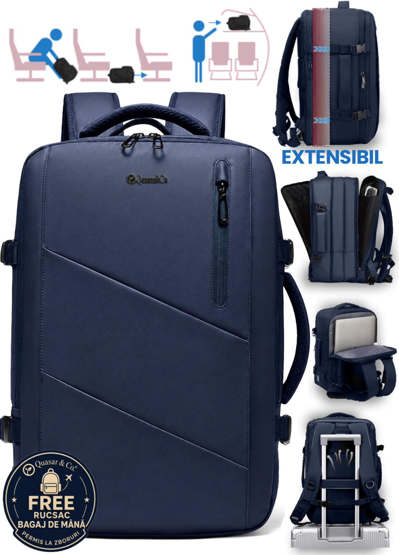 Rucsac voiaj Quasar & Co.®, bagaj de mana, rucsacuri calatorie avion, compatibil Wizz Air, Ryanair, extensibil, impermeabil, rucsac troler, multifunctional, compartiment laptop, piele ecologica, VEGA, bleumarin