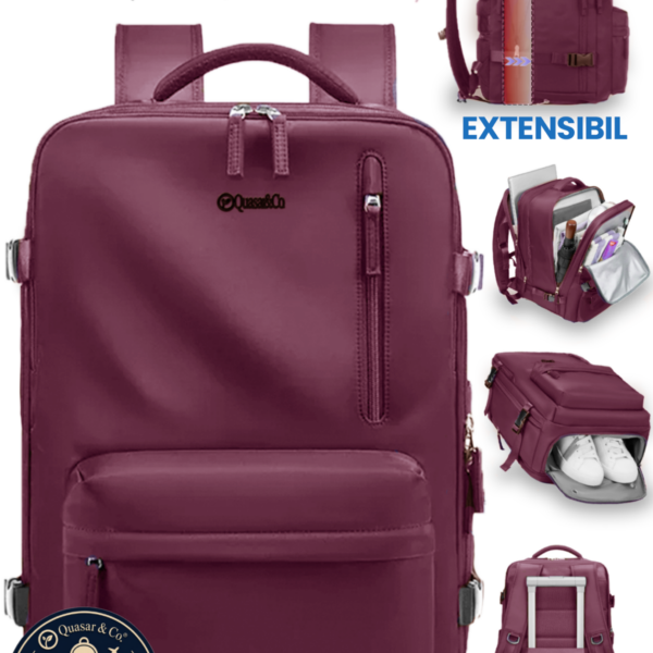 Rucsac bagaj de mana avion Quasar & Co.®, extensibil 43x30x20-28 cm, rucsac calatorie/voiaj multifunctional, impermeabil, compartiment pantofi, compartiment laptop, sistem agatare pe troler, pretabil drumetii/scoala, cu USB, textil, ATLAS, visiniu