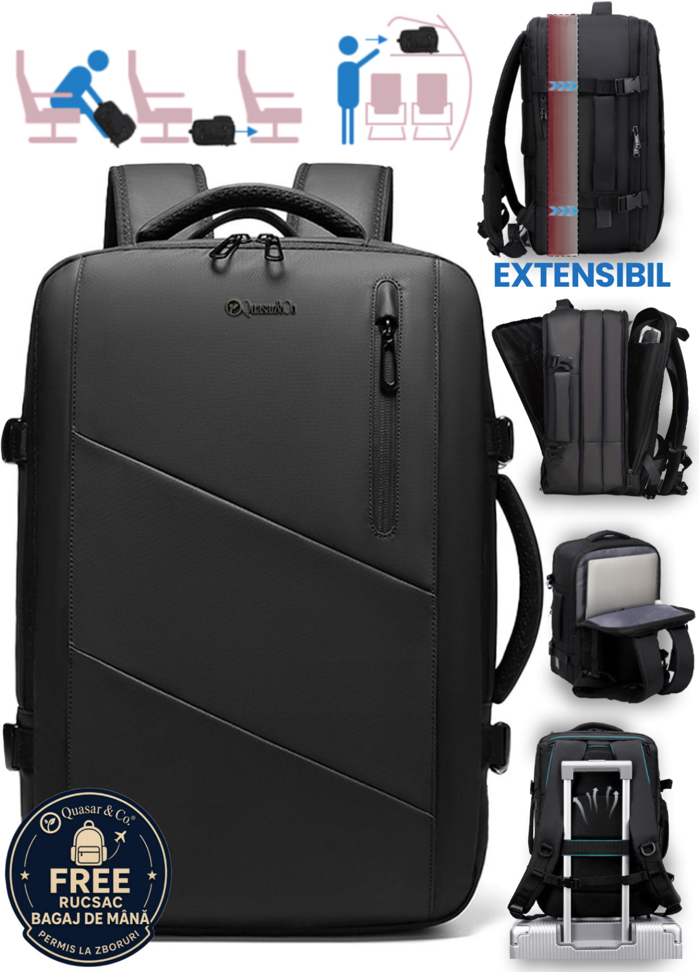 Rucsac voiaj Quasar & Co.®, bagaj de mana, rucsacuri calatorie avion, compatibil Wizz Air, Ryanair, extensibil, impermeabil, rucsac troler, multifunctional, compartiment laptop, piele ecologica, VEGA, negru