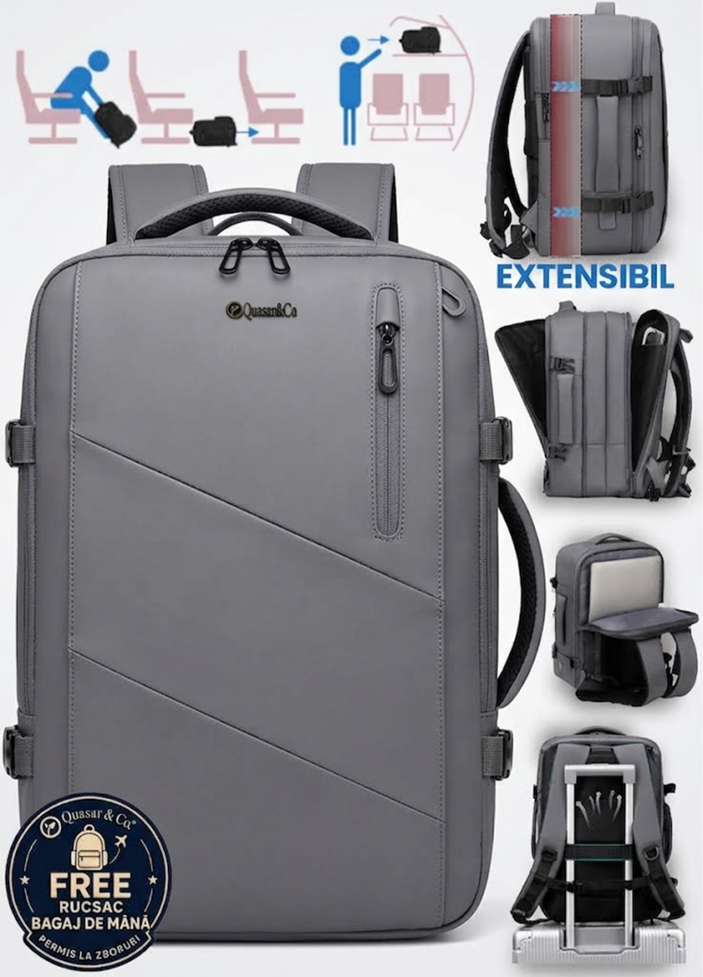 Rucsac voiaj Quasar & Co.®, bagaj de mana, rucsacuri calatorie avion, compatibil Wizz Air, Ryanair, extensibil, impermeabil, rucsac troler, multifunctional, compartiment laptop, piele ecologica, VEGA, gri