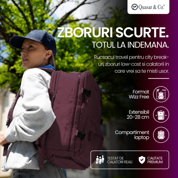 Rucsac bagaj de mana avion Quasar & Co.®, extensibil 43x30x20-28 cm, rucsac calatorie/voiaj multifunctional, impermeabil, compartiment pantofi, compartiment laptop, sistem agatare pe troler, pretabil drumetii/scoala, cu USB, textil, ATLAS, visiniu