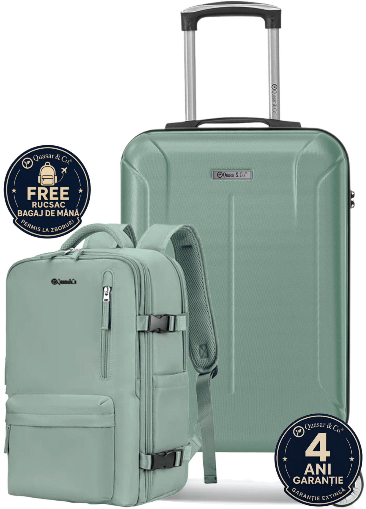 Set troler cabina si rucsac Quasar & Co.®, 55x38x21cm/43x30x20 cm, bagaj de mana, troller cu rucsac calatorie avion, Priority Pack-SMART, ABS/pes, turcoaz