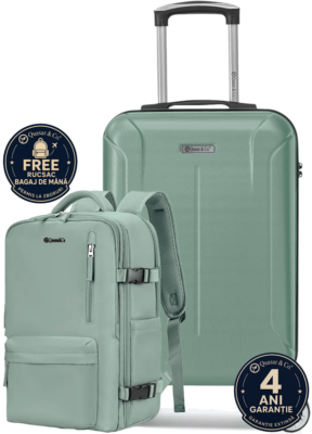 Set troler cabina si rucsac Quasar & Co.®, 55x38x21cm/43x30x20 cm, bagaj de mana, troller cu rucsac calatorie avion, Priority Pack-SMART, ABS/pes, turcoaz 9