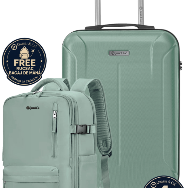 Set troler cabina si rucsac Quasar & Co.®, 55x38x21cm/43x30x20 cm, bagaj de mana, troller cu rucsac calatorie avion, Priority Pack-SMART, ABS/pes, turcoaz - imagine 1