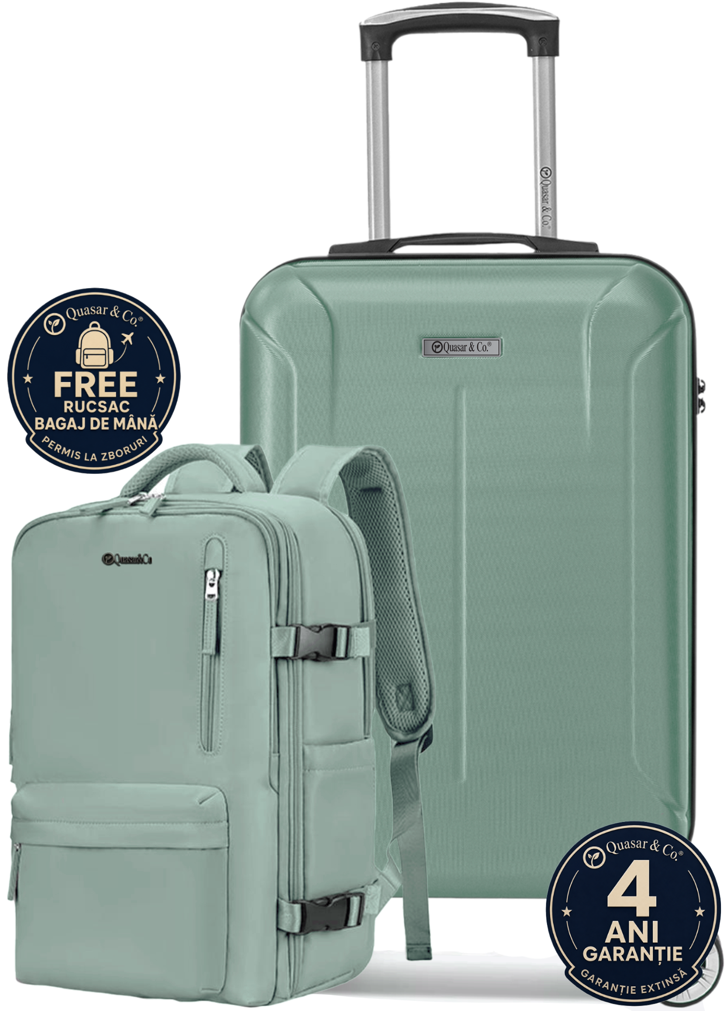 Set troler cabina si rucsac Quasar & Co.®, 55x38x21cm/43x30x20 cm, bagaj de mana, troller cu rucsac calatorie avion, Priority Pack-SMART, ABS/pes, turcoaz