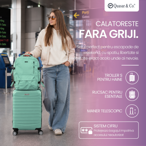 Set troler cabina si rucsac Quasar & Co.®, 55x38x21cm/43x30x20-28 cm, bagaj de mana, troller cu rucsac calatorie avion, Priority Pack-LINE, ABS/pes, turcoaz - imagine 15