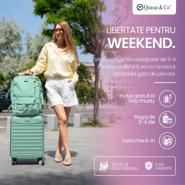 Set troler cabina si rucsac Quasar & Co.®, 55x38x21cm/43x30x20-28 cm, bagaj de mana, troller cu rucsac calatorie avion, Priority Pack-LINE, ABS/pes, turcoaz - imagine 2