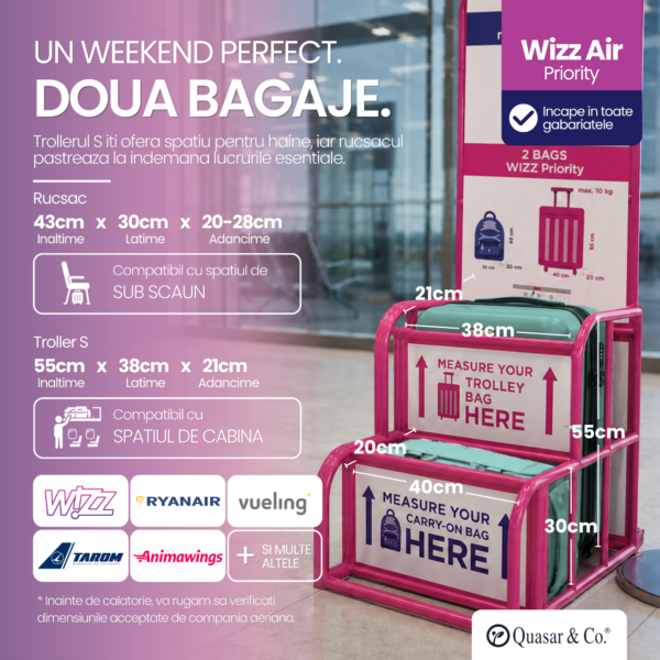 Set troler cabina si rucsac Quasar & Co.®, 55x38x21cm/43x30x20 cm, bagaj de mana, troller cu rucsac calatorie avion, Priority Pack-SMART, ABS/pes, turcoaz - imagine 2