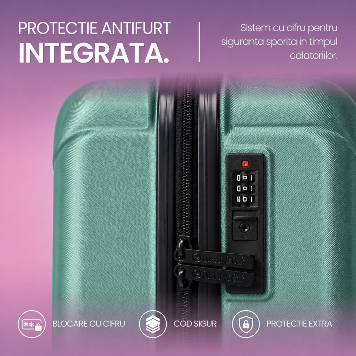 Set troler cabina si rucsac Quasar & Co.®, 55x38x21cm/43x30x20 cm, bagaj de mana, troller cu rucsac calatorie avion, Priority Pack-SMART, ABS/pes, turcoaz 3