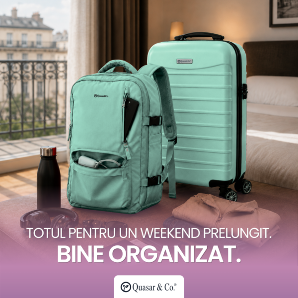 Set troler cabina si rucsac Quasar & Co.®, 55x38x21cm/43x30x20-28 cm, bagaj de mana, troller cu rucsac calatorie avion, Priority Pack-LINE, ABS/pes, turcoaz - imagine 4