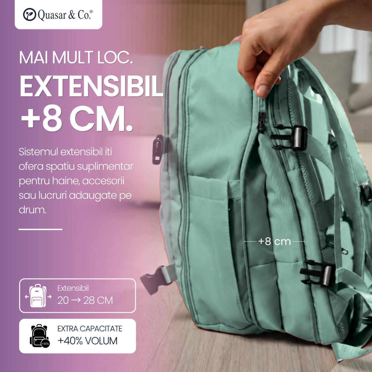 Set troler cabina si rucsac Quasar & Co.®, 55x38x21cm/43x30x20 cm, bagaj de mana, troller cu rucsac calatorie avion, Priority Pack-SMART, ABS/pes, turcoaz 4