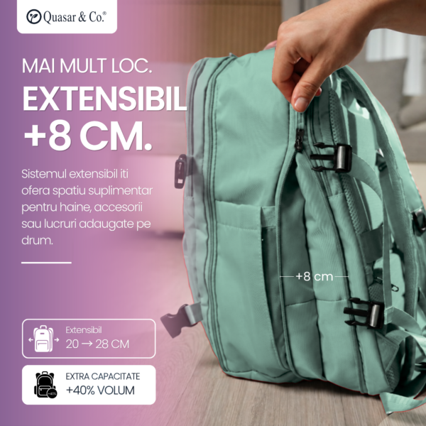 Set troler cabina si rucsac Quasar & Co.®, 55x38x21cm/43x30x20 cm, bagaj de mana, troller cu rucsac calatorie avion, Priority Pack-SMART, ABS/pes, turcoaz - imagine 4