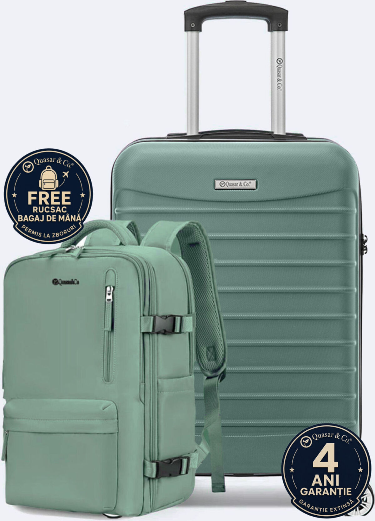 6 Set troler cabina si rucsac Quasar & Co.®, 55x38x21cm/43x30x20-28 cm, bagaj de mana, troller cu rucsac calatorie avion, Priority Pack-LINE, ABS/pes, turcoaz