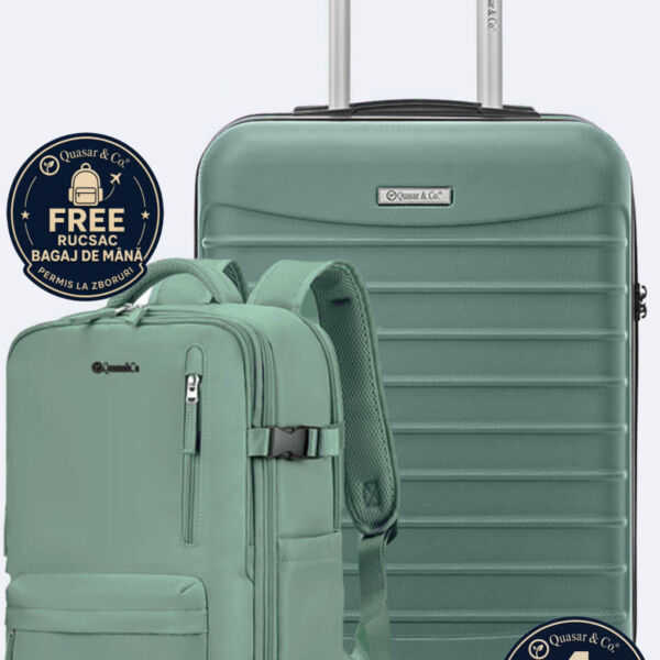 Set troler cabina si rucsac Quasar & Co.®, 55x38x21cm/43x30x20-28 cm, bagaj de mana, troller cu rucsac calatorie avion, Priority Pack-LINE, ABS/pes, turcoaz - imagine 1