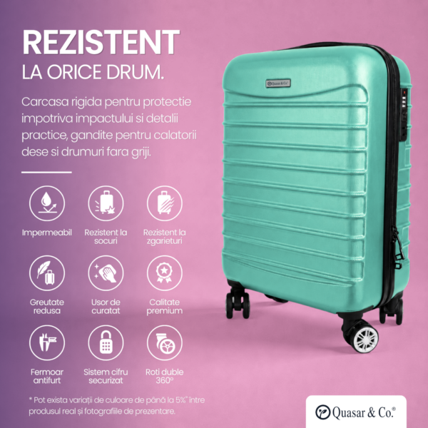 Set troler cabina si rucsac Quasar & Co.®, 55x38x21cm/43x30x20-28 cm, bagaj de mana, troller cu rucsac calatorie avion, Priority Pack-LINE, ABS/pes, turcoaz - imagine 7