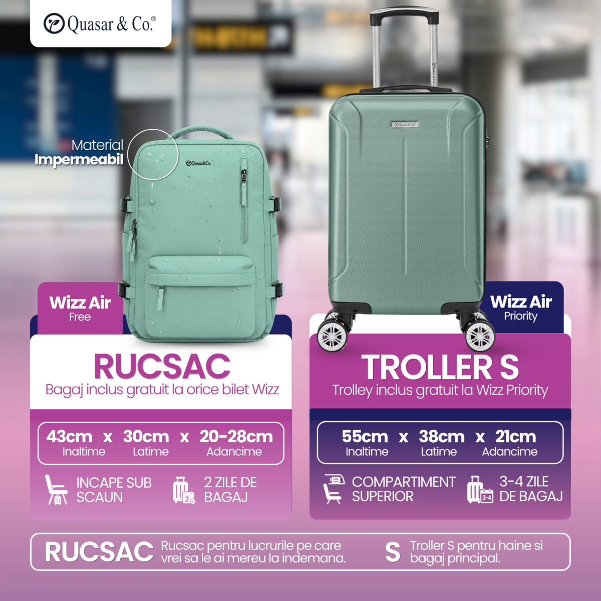 Set troler cabina si rucsac Quasar & Co.®, 55x38x21cm/43x30x20 cm, bagaj de mana, troller cu rucsac calatorie avion, Priority Pack-SMART, ABS/pes, turcoaz 7