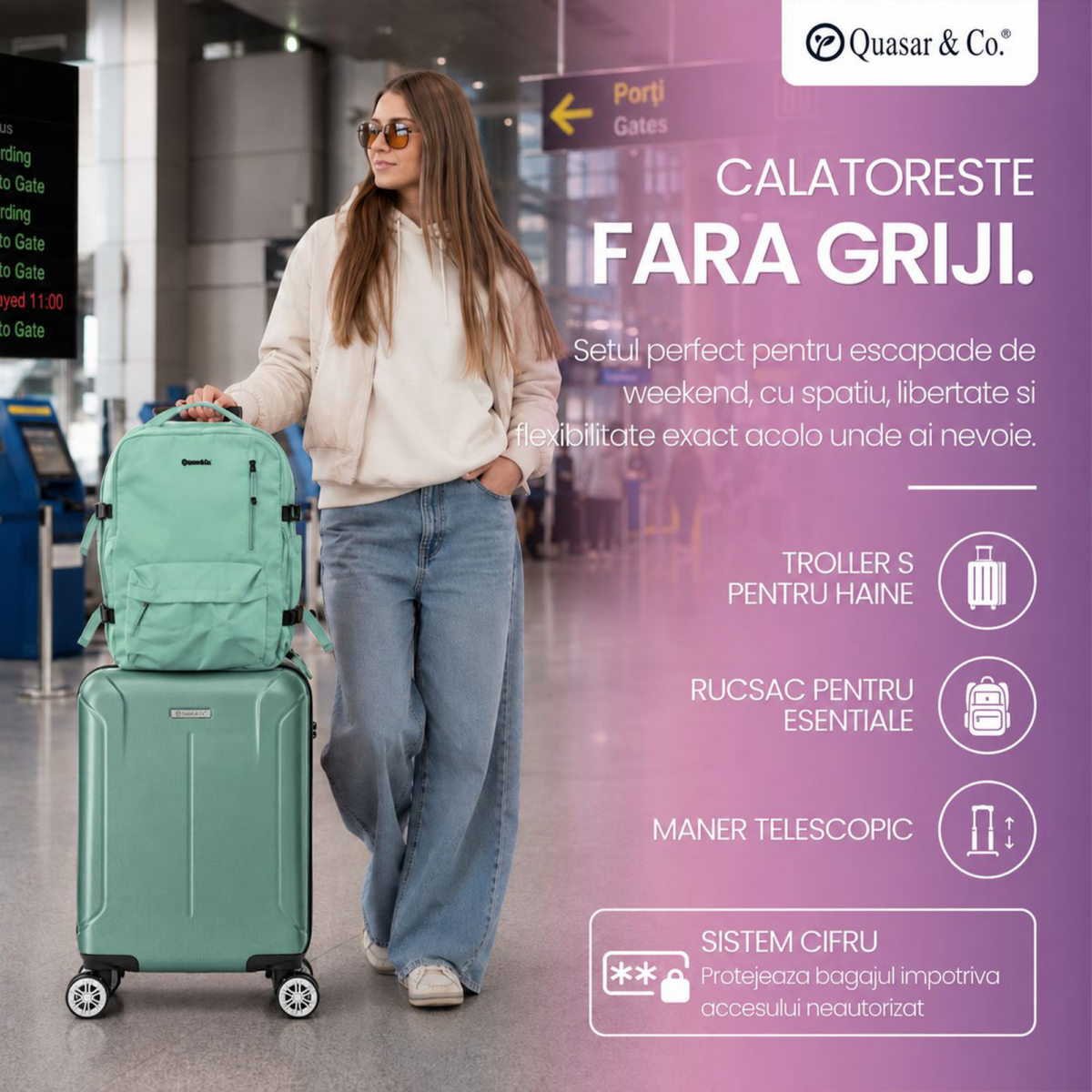 Set troler cabina si rucsac Quasar & Co.®, 55x38x21cm/43x30x20 cm, bagaj de mana, troller cu rucsac calatorie avion, Priority Pack-SMART, ABS/pes, turcoaz 8