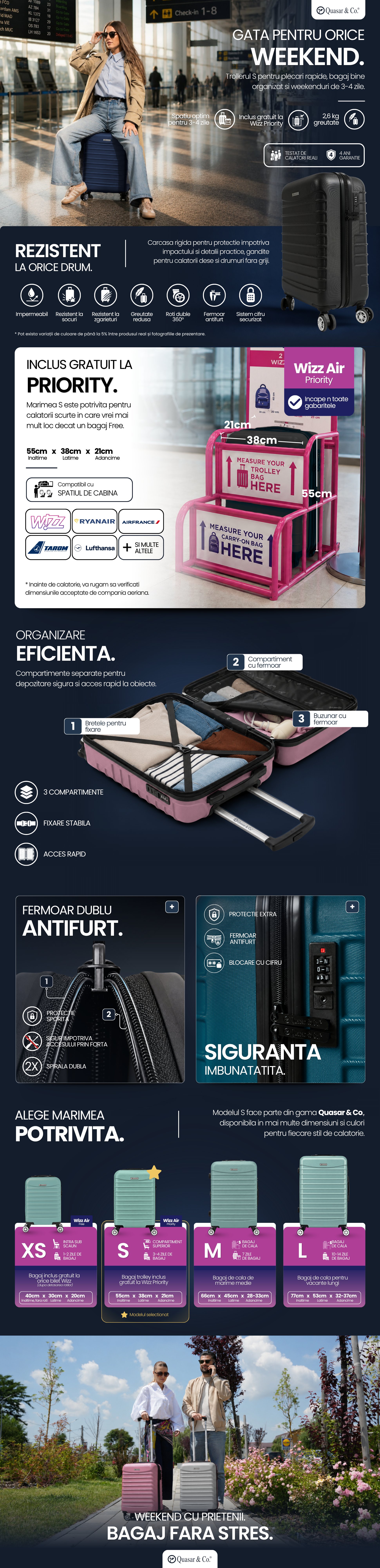 Infografic troler de cabină Quasar & Co. S, 55 x 38 x 21 cm: carcasă rigidă, fermoar antifurt, cifru, organizare interioară