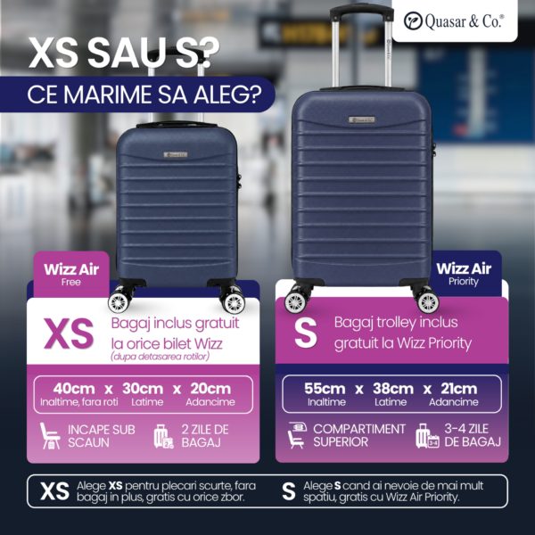 Troler cabina avion Quasar & Co.®, 55x38x21cm, bagaj de mana, troller cu fermoar antifurt, cifru, maner telescopic lung, geamantan cu 4 roti duble silentioase 360°, valiza ABS 2.8 mm, rezistent, 2 compartimente cu buzunar, 10kg, LINE, bleumarin - imagine 11