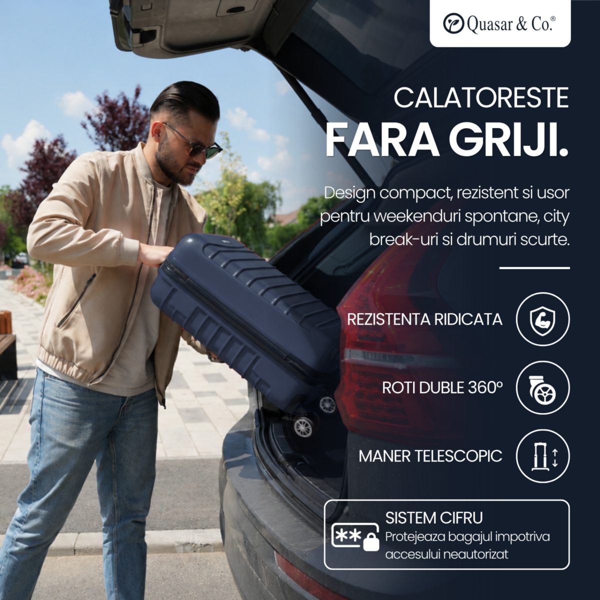 Troler cabina avion Quasar & Co.®, 55x38x21cm, bagaj de mana, troller cu fermoar antifurt, cifru, maner telescopic lung, geamantan cu 4 roti duble silentioase 360°, valiza ABS 2.8 mm, rezistent, 2 compartimente cu buzunar, 10kg, LINE, bleumarin 12