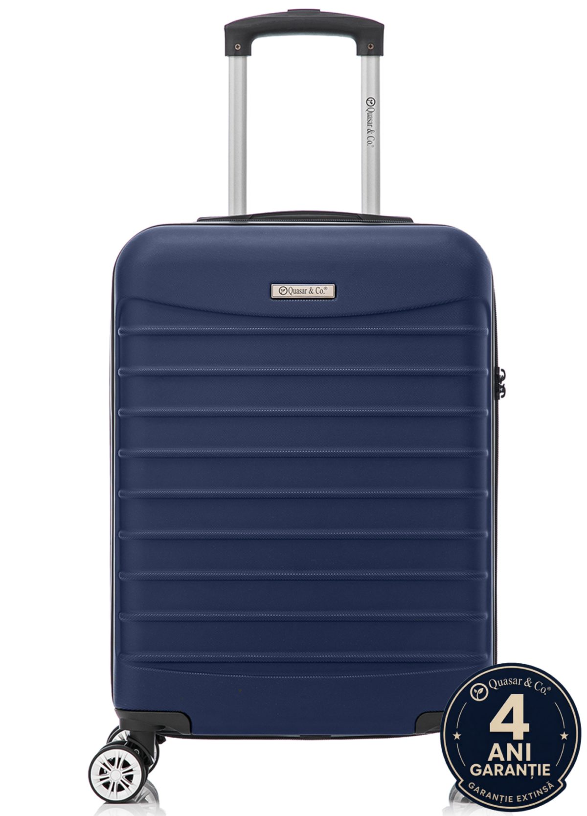 Troler cabina avion Quasar & Co.®, 55x38x21cm, bagaj de mana, troller cu fermoar antifurt, cifru, maner telescopic lung, geamantan cu 4 roti duble silentioase 360°, valiza ABS 2.8 mm, rezistent, 2 compartimente cu buzunar, 10kg, LINE, bleumarin